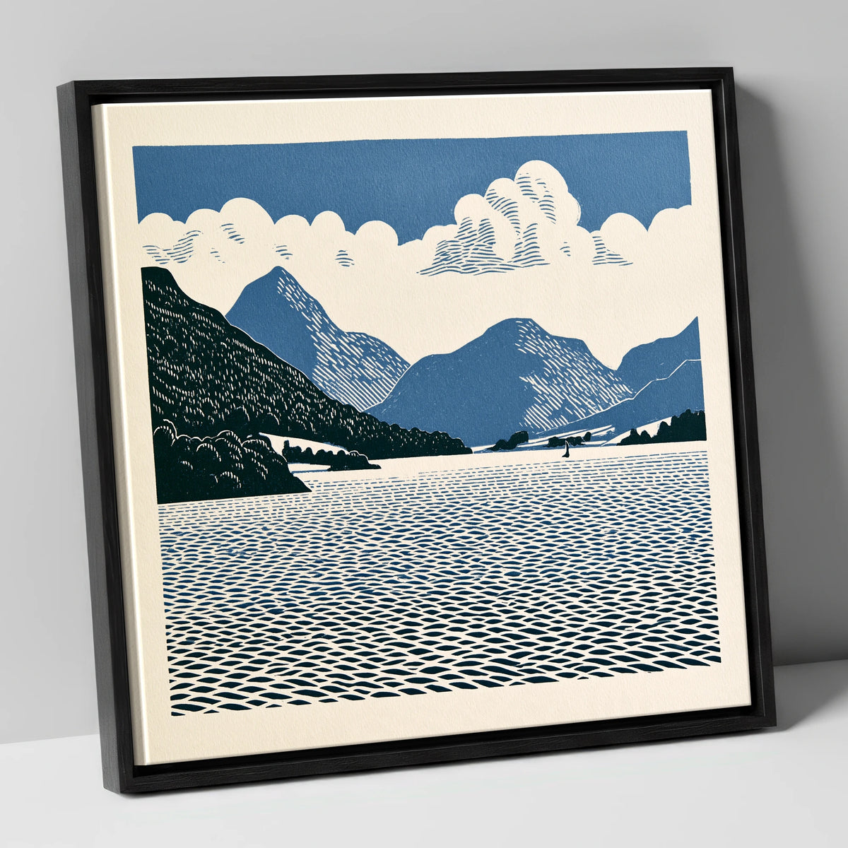 Graphic Navy Ullswater Landscape lake district lake canvas wall art in black frame