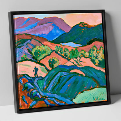 Hiker Silhouette in Vibrant Fells lake district walking canvas wall art in black frame