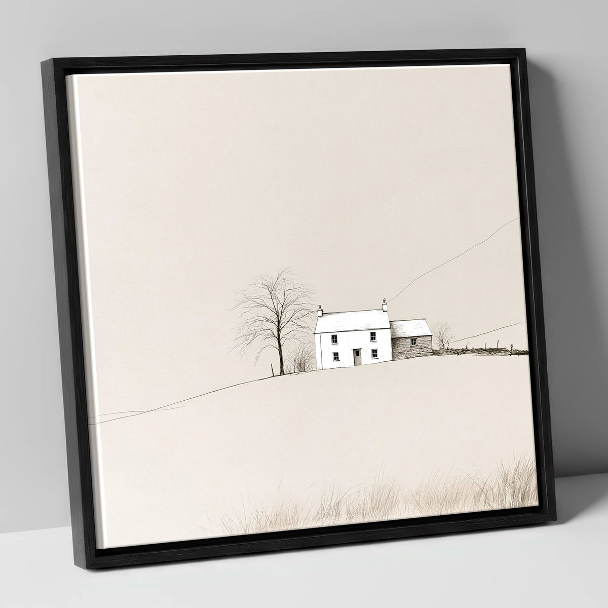Minimalist White Fellside Cottage lake district village canvas wall art in black frame