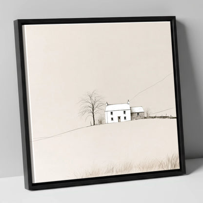 Minimalist White Fellside Cottage lake district village canvas wall art in black frame