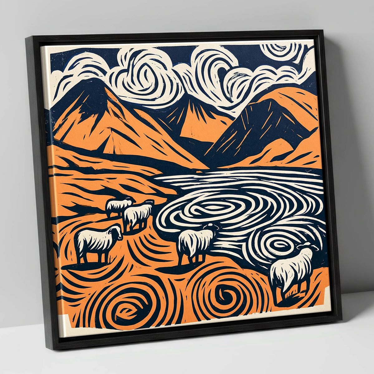 Scafell Pike in Terracotta and Navy lake district fell canvas wall art in black frame