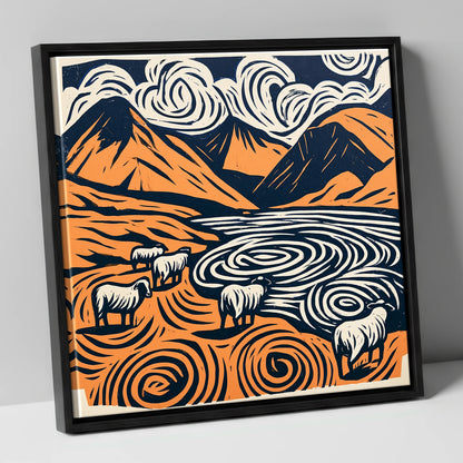 Scafell Pike in Terracotta and Navy lake district fell canvas wall art in black frame