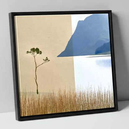 Minimalist Lone Tree at Buttermere lake district lake canvas wall art in black frame
