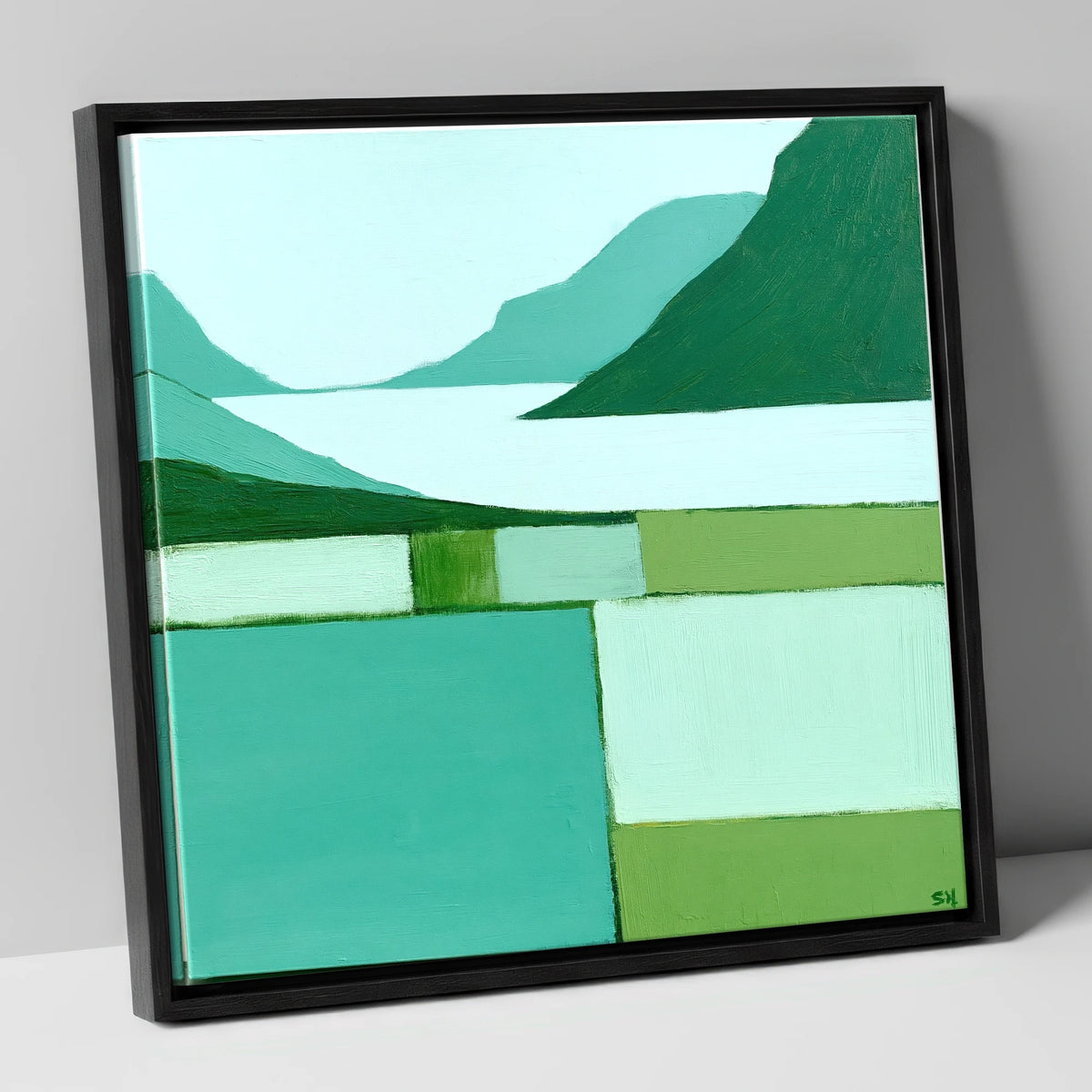 Wasdale Valley in Mint and Teal lake district valley canvas wall art in black frame
