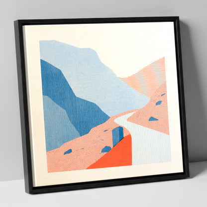 Hardknott Pass in Coral and Blue lake district valley canvas wall art in black frame
