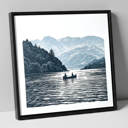 Windermere Canoe In Deep Blue lake district lake canvas wall art in black frame