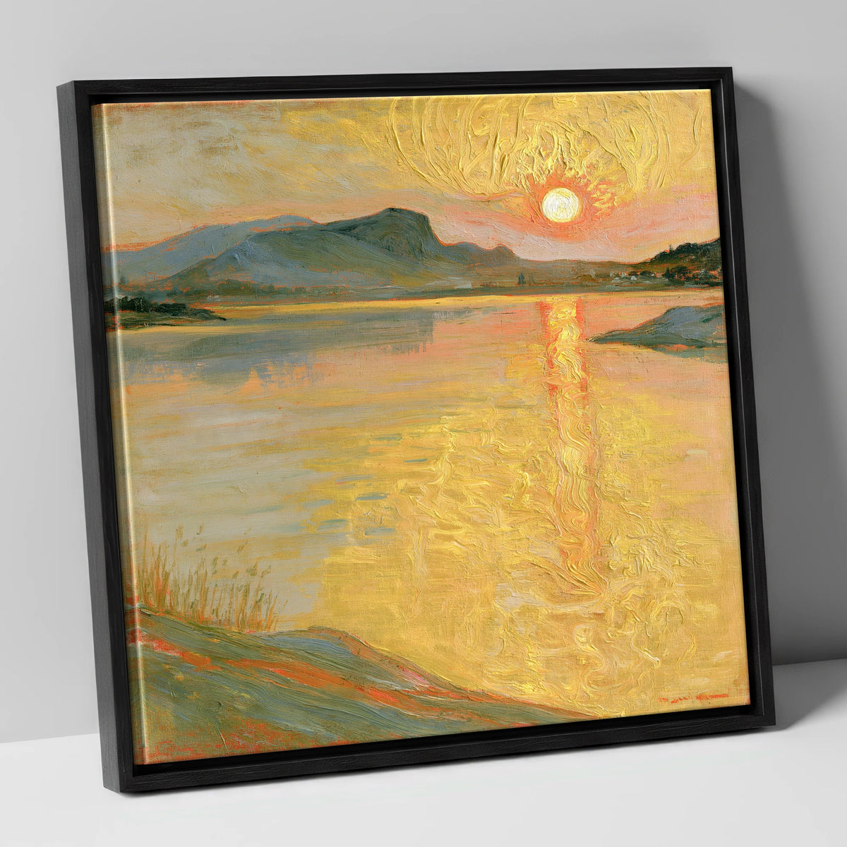 Golden Sunset Over the Lake lake district lake canvas wall art in black frame