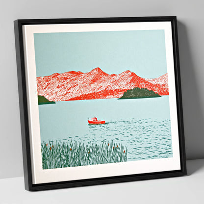 Derwentwater Fells in Vivid Red lake district lake canvas wall art in black frame