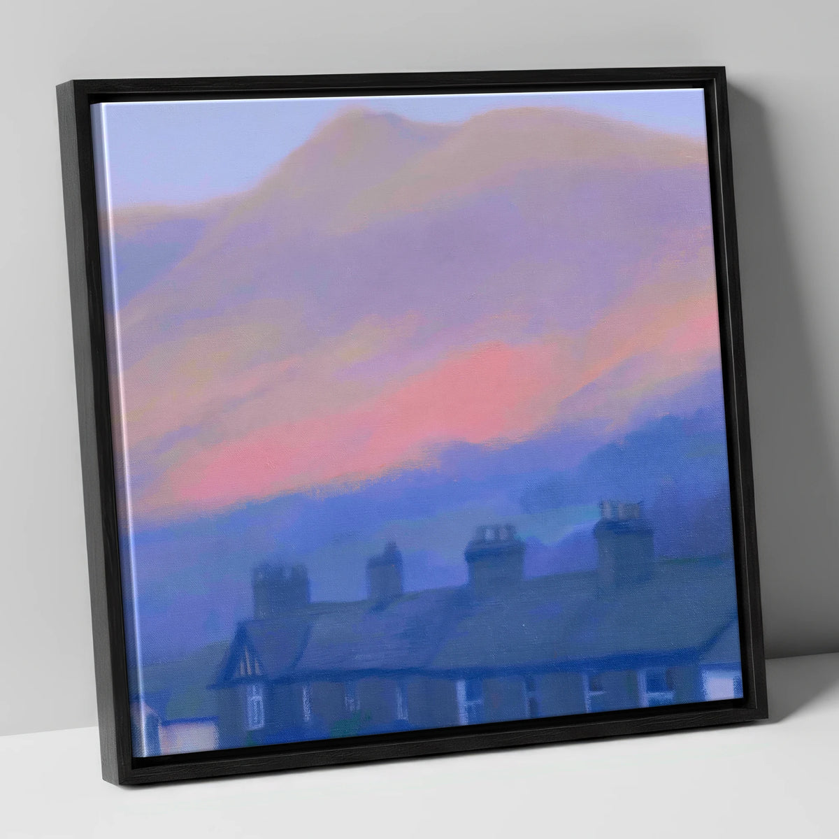 Skiddaw and Keswick Pastel Twilight lake district village canvas wall art in black frame