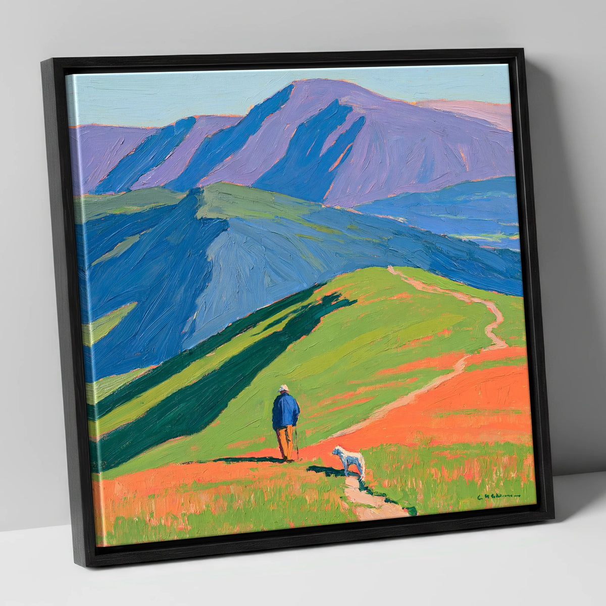 Vibrant Walker and Dog on Latrigg gifts for dog walkers canvas wall art in black frame
