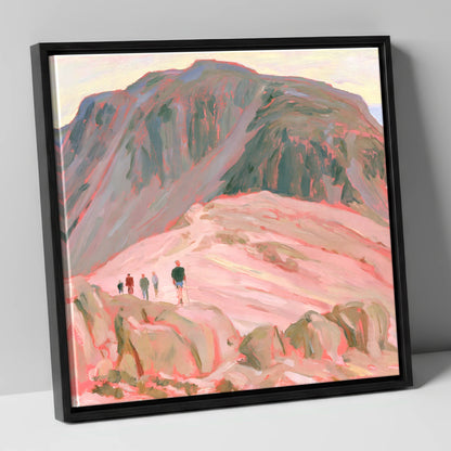 Fell Walkers in Pastel Pink lake district fell canvas wall art in black frame