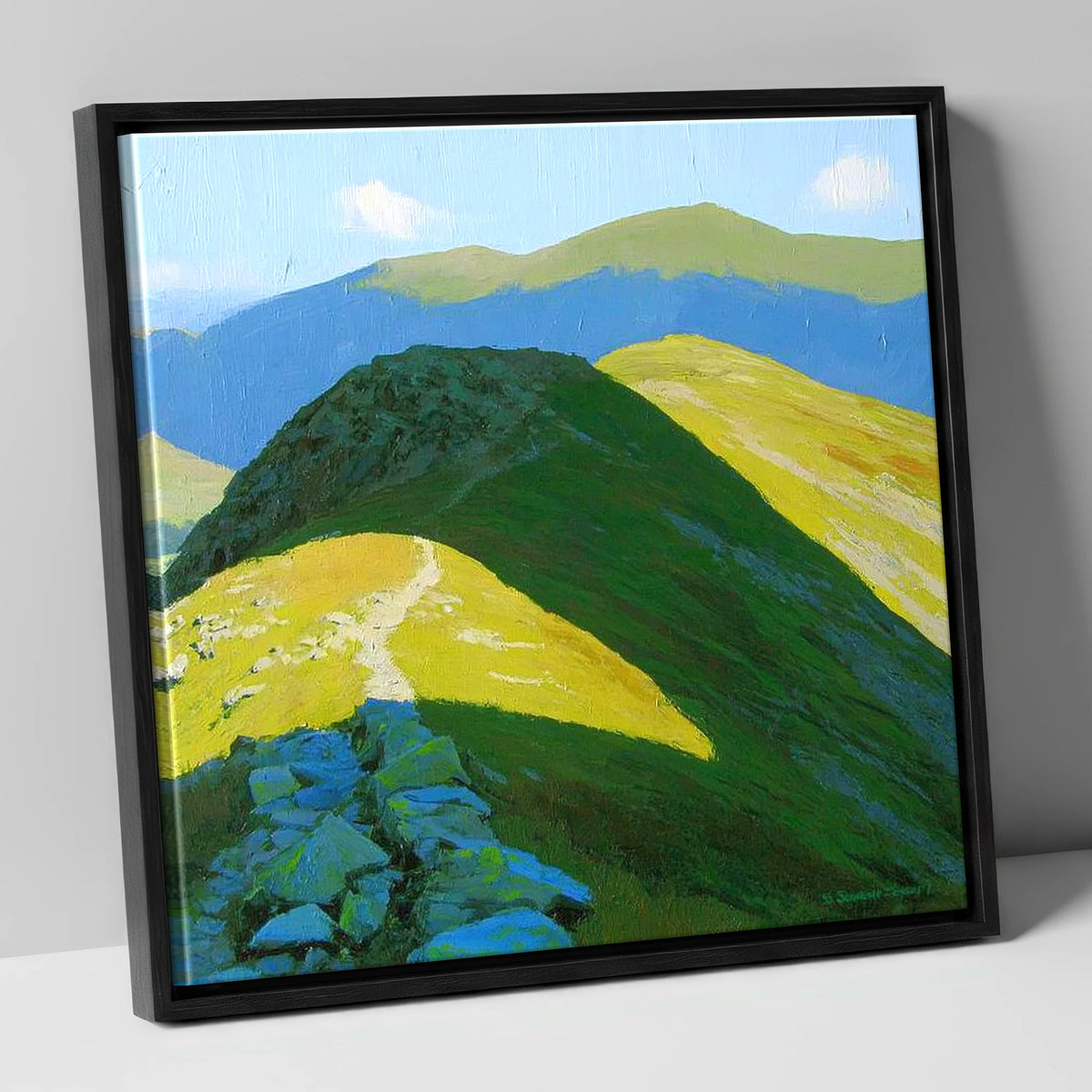 Sunlit Ridge to Cold Pike lake district fell canvas wall art in black frame