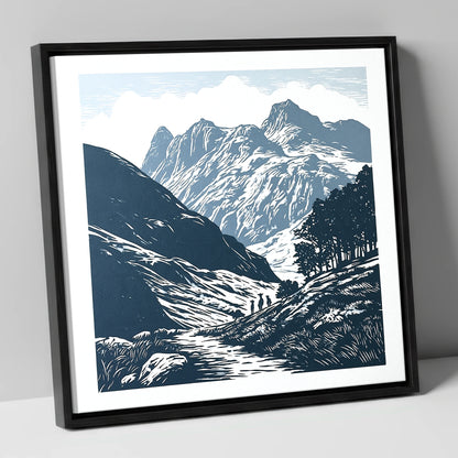 Langdale Pikes in Slate Blue lake district fell canvas wall art in black frame