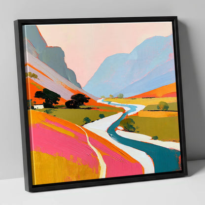 Vibrant River Winding Through Fells lake district waterfall canvas wall art in black frame