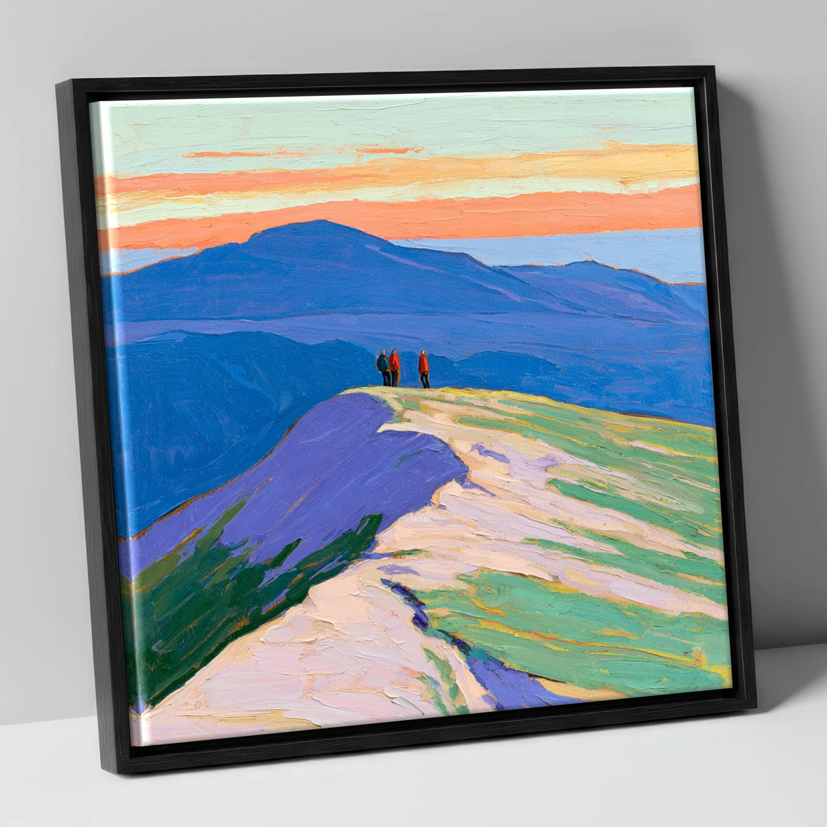 Fell Top Hikers At Sunset lake district fell canvas wall art in black frame
