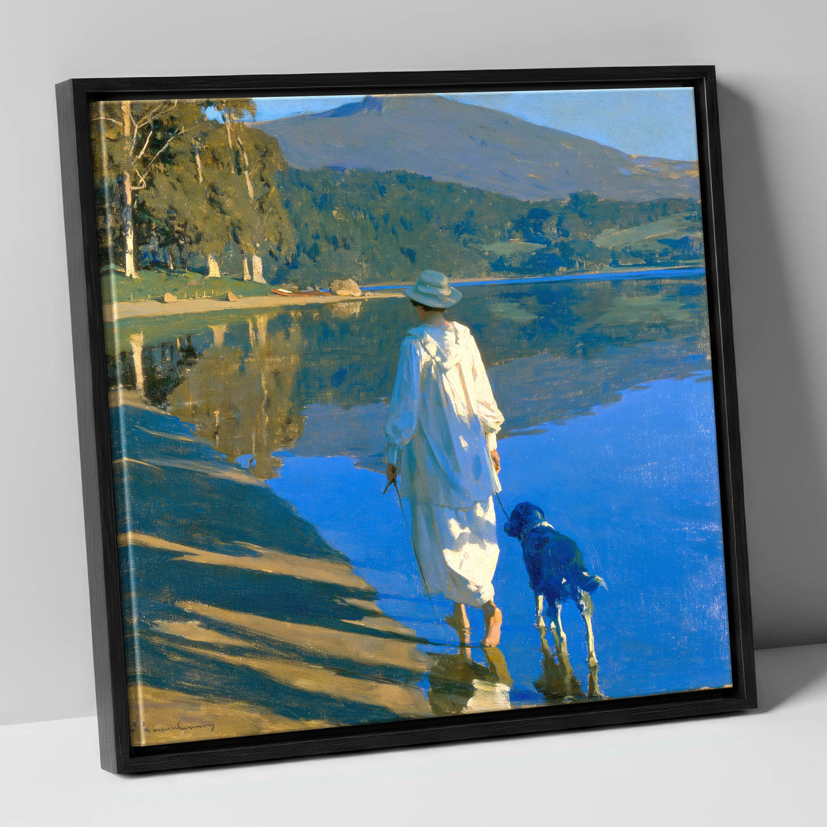 Sunlit Dog Walk Coniston Water gifts for dog walkers canvas wall art in black frame