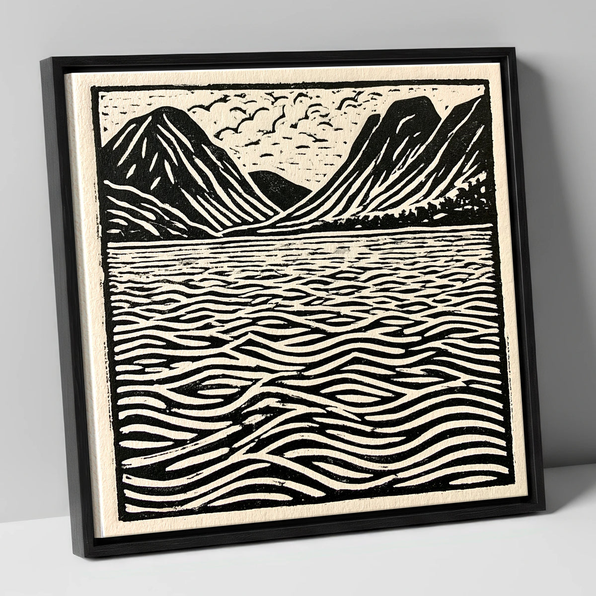 Bold Fells Over Dawn Waters lake district lake canvas wall art in black frame