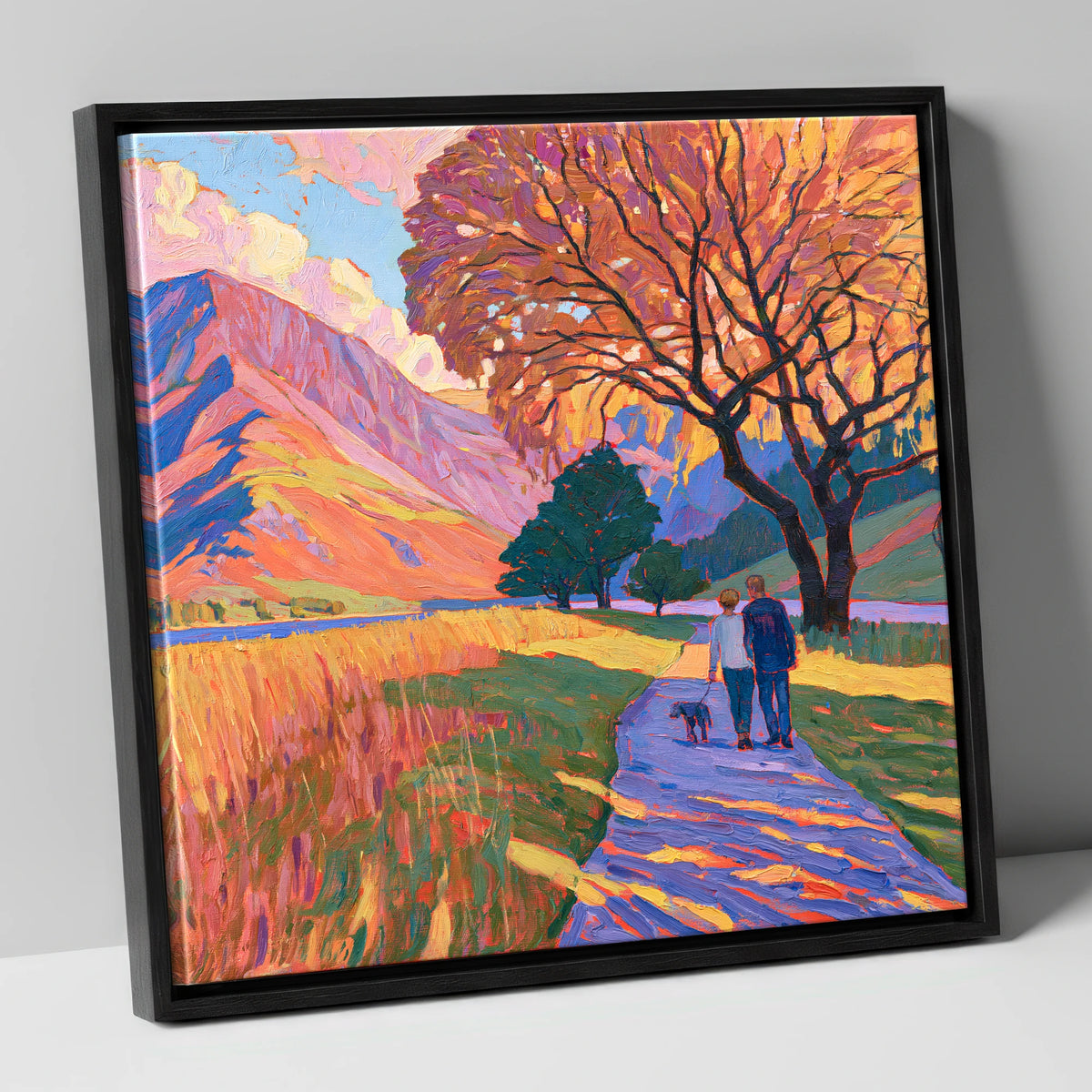 Autumn Dog Walk at Buttermere gifts for dog walkers canvas wall art in black frame