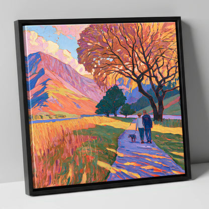 Autumn Dog Walk at Buttermere gifts for dog walkers canvas wall art in black frame