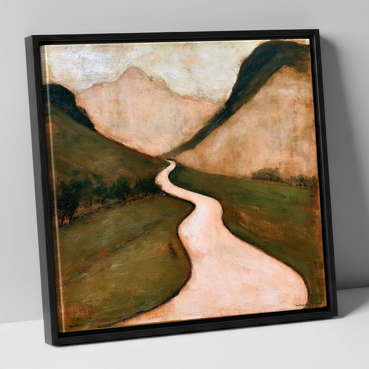 Winding Mountain Pass in Warm Tones lake district valley canvas wall art in black frame