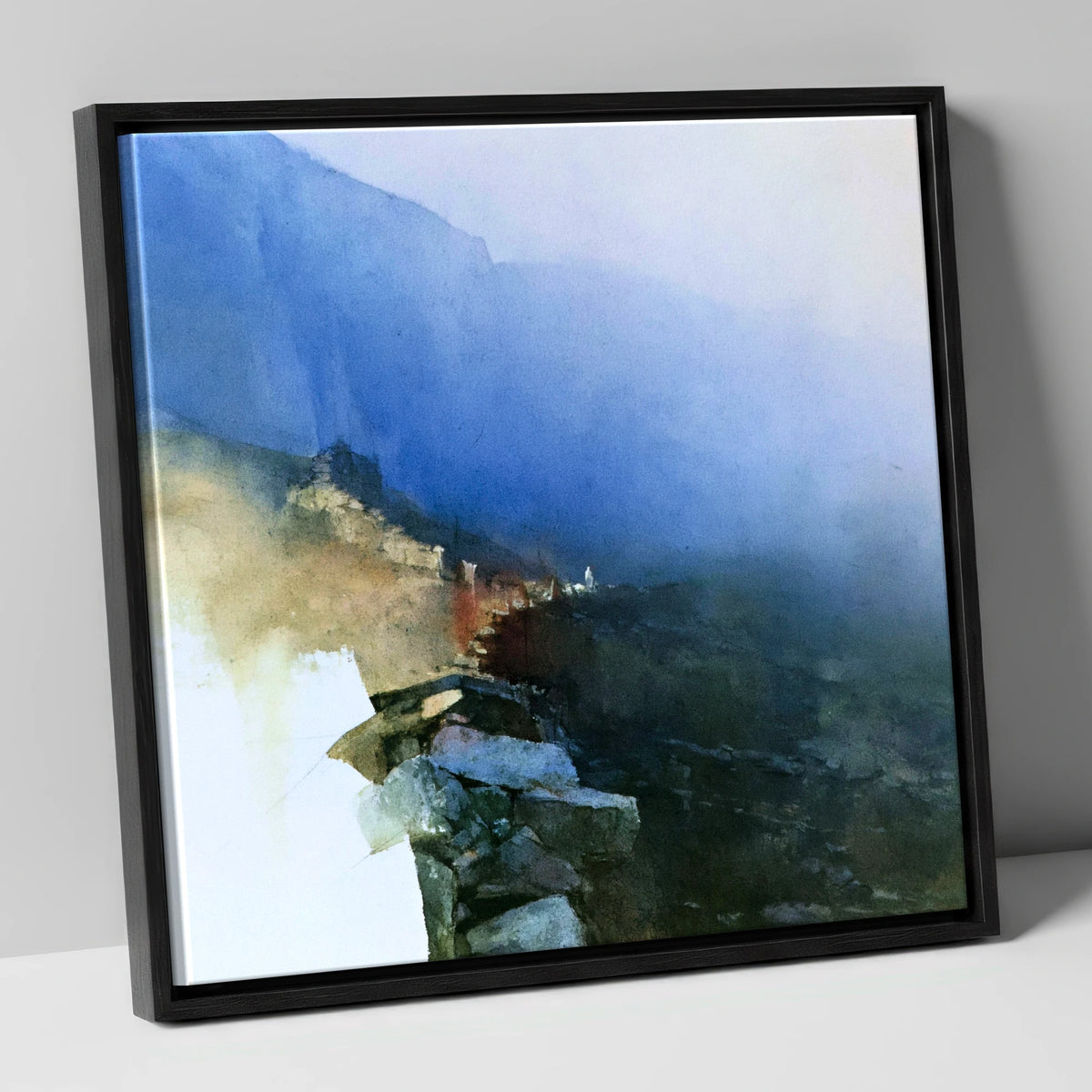Valley Wall in Indigo Mist lake district valley canvas wall art in black frame