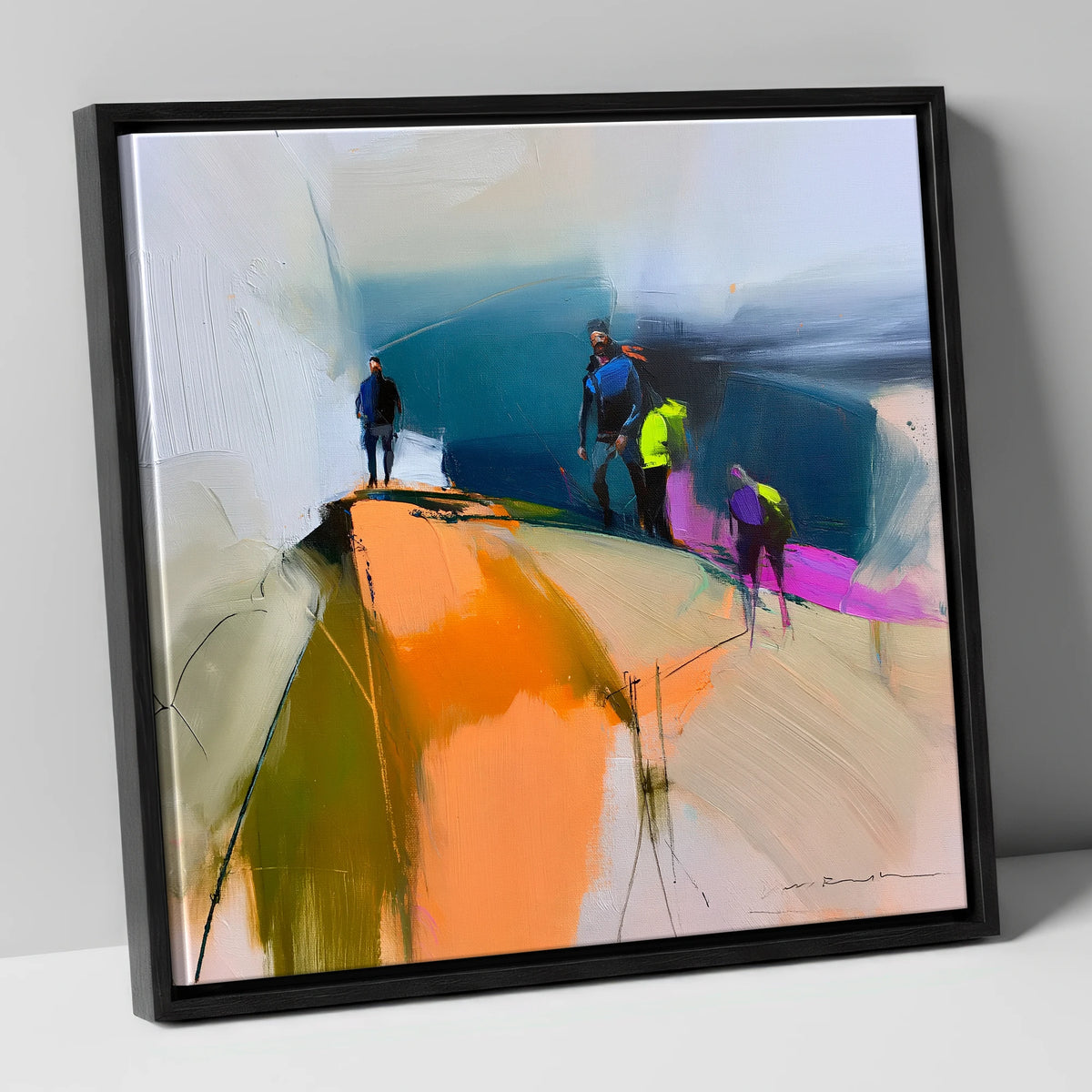 Vibrant Hikers on a Fell Top lake district fell canvas wall art in black frame