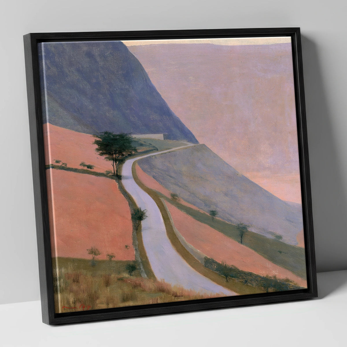 Winding Mountain Pass in Dusk Pink lake district valley canvas wall art in black frame