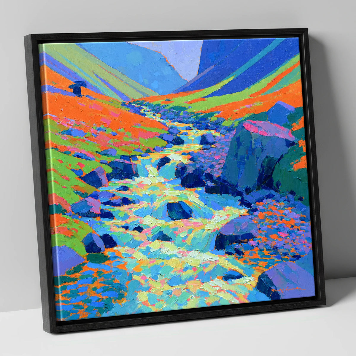 Vivid Flowing Fellside Beck lake district waterfall canvas wall art in black frame