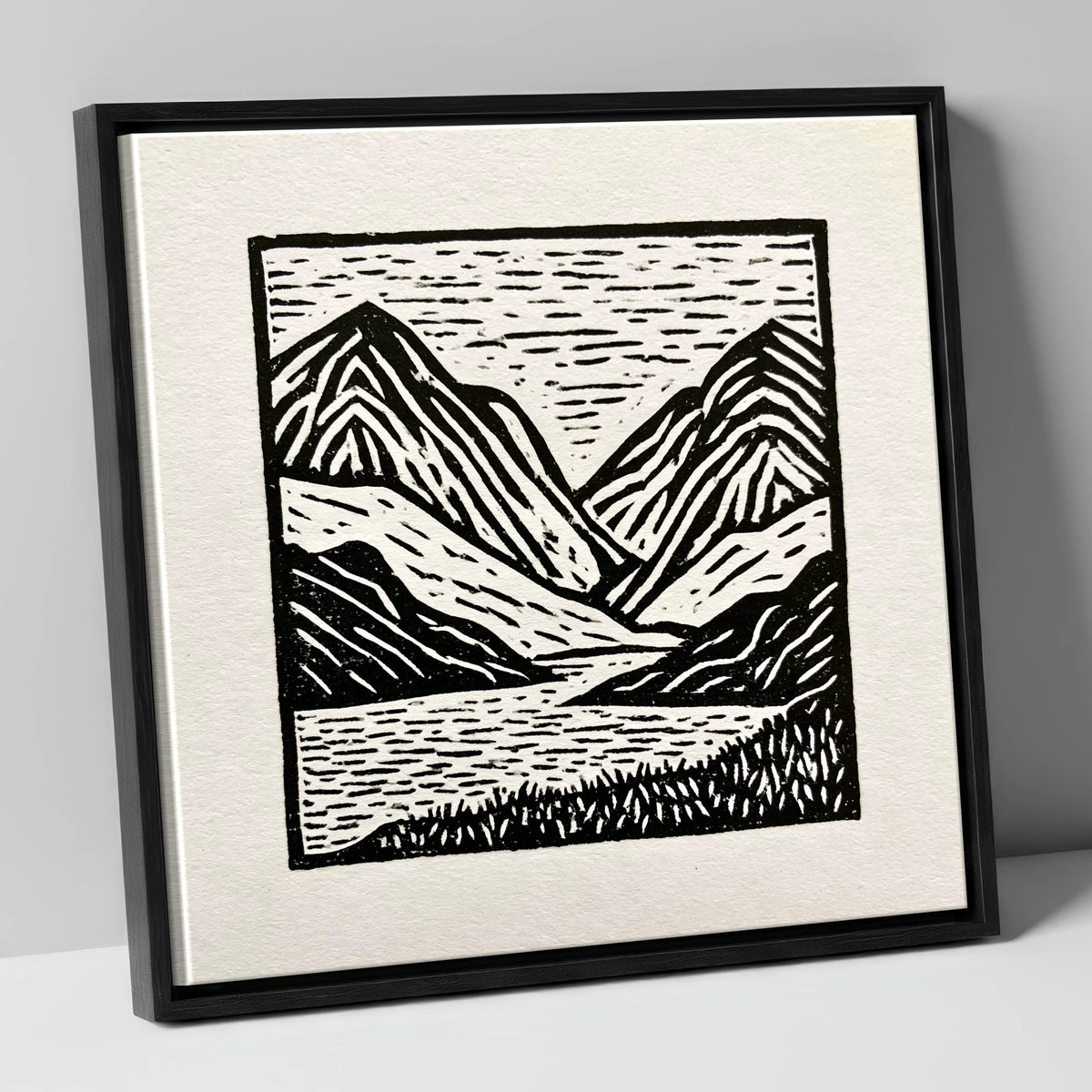 Lake and Fells in Monochrome lake district lake canvas wall art in black frame