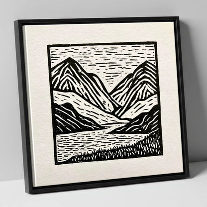 Lake and Fells in Monochrome lake district lake canvas wall art in black frame
