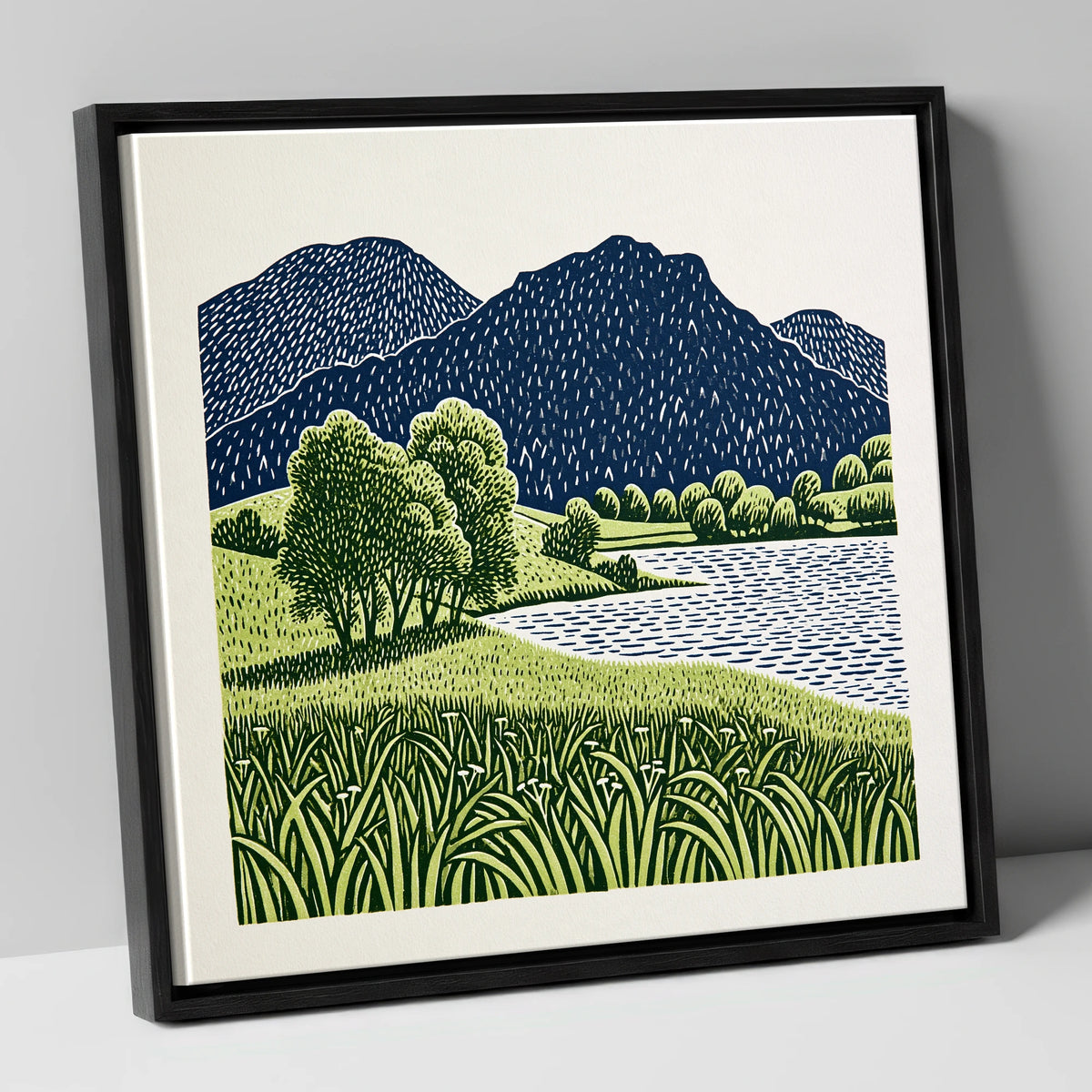 Grasmere Fells in Navy and Green lake district lake canvas wall art in black frame