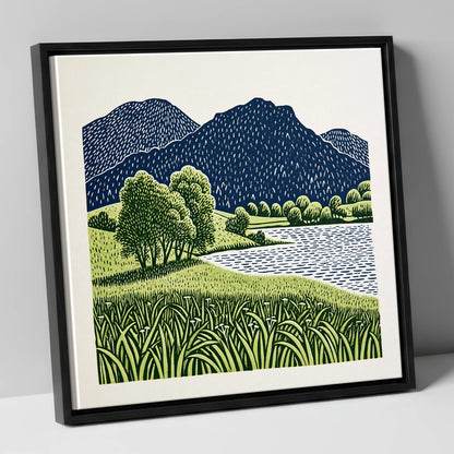 Grasmere Fells in Navy and Green lake district lake canvas wall art in black frame