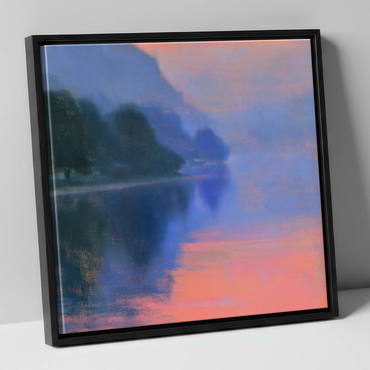 Misty Lake in Peach Light lake district lake canvas wall art in black frame