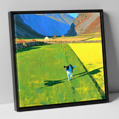 Sunlit Wasdale Valley Dog Walk gifts for dog walkers canvas wall art in black frame