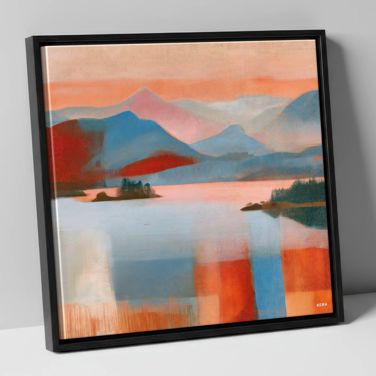 Abstract Derwentwater and Catbells Sunset lake district lake canvas wall art in black frame