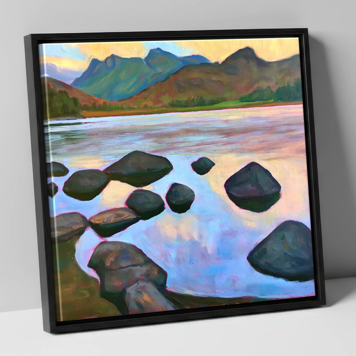 Elterwater Rocks at Sunset lake district lake canvas wall art in black frame