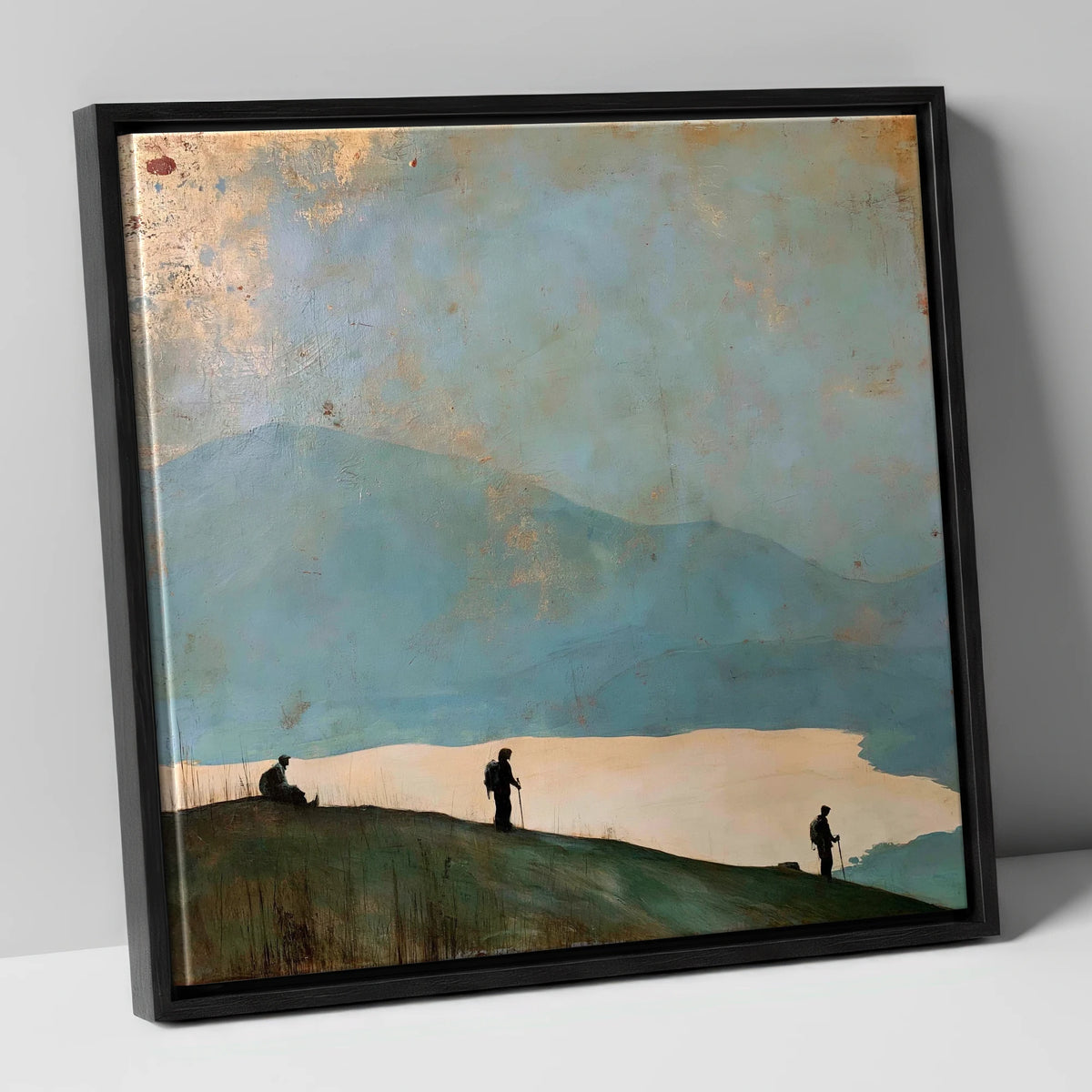 Silhouetted Walkers on Catbells lake district fell canvas wall art in black frame