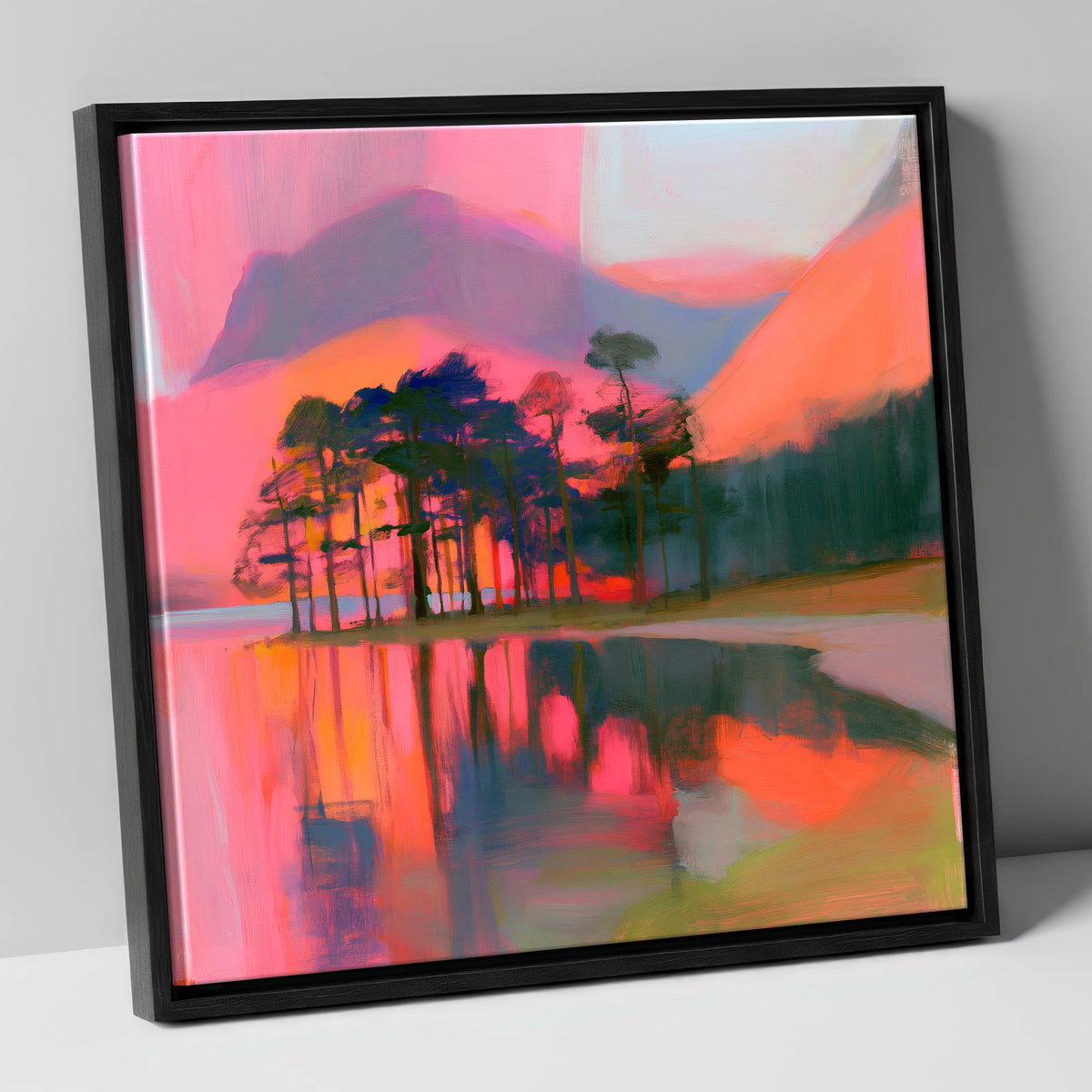 Neon Sunset Over Buttermere Pines lake district lake canvas wall art in black frame