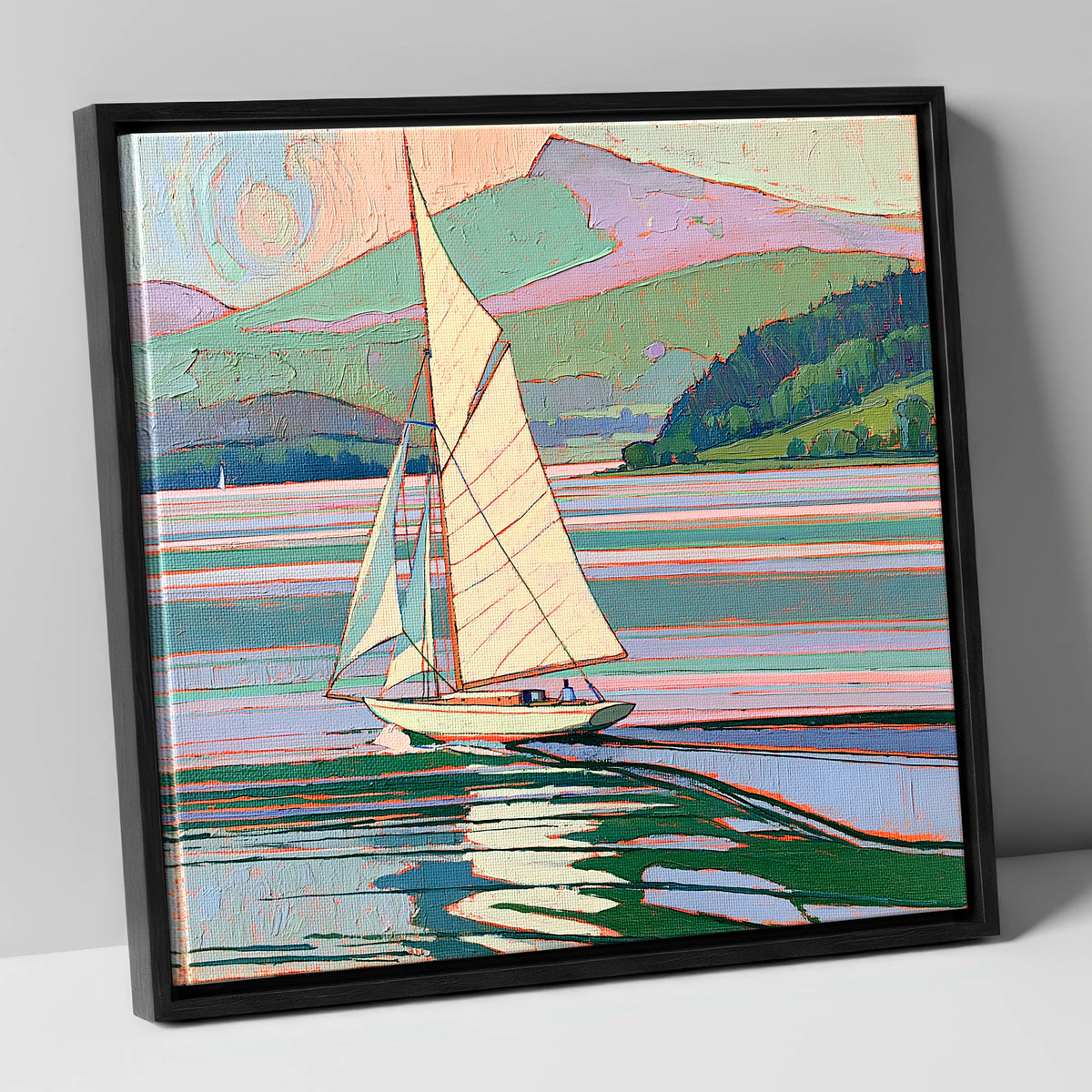 Sailboat on a Pastel Lake lake district walking canvas wall art in black frame