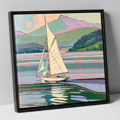Sailboat on a Pastel Lake lake district walking canvas wall art in black frame
