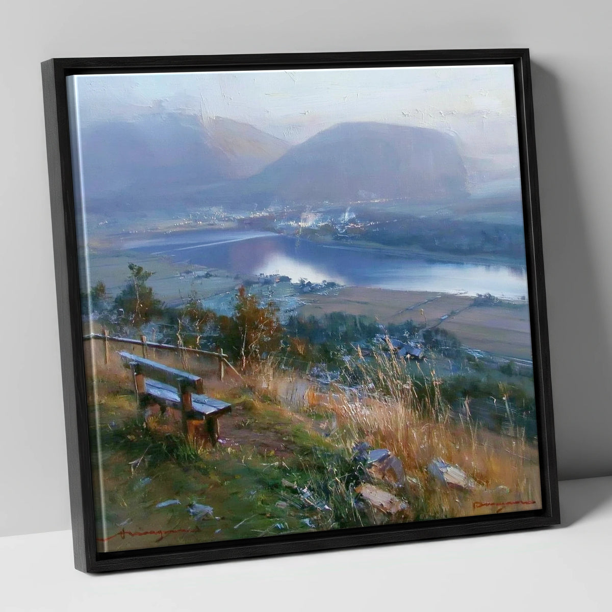 Elevated Bench Over Loweswater lake district lake canvas wall art in black frame