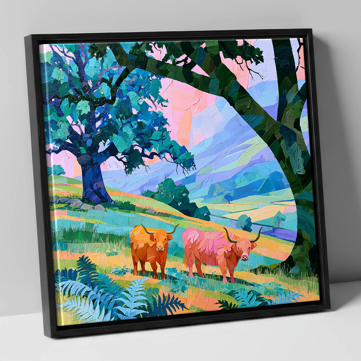 Vibrant Highland Cattle Beneath Fells lake district wildlife canvas wall art in black frame