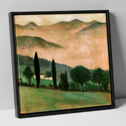 Terracotta Dawn over Misty Valley lake district sky canvas wall art in black frame