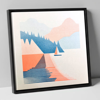 Geometric Sailboat on Windermere lake district lake canvas wall art in black frame