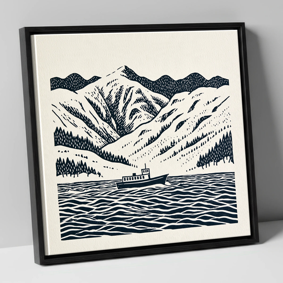 Ullswater Steamer in Deep Navy lake district lake canvas wall art in black frame