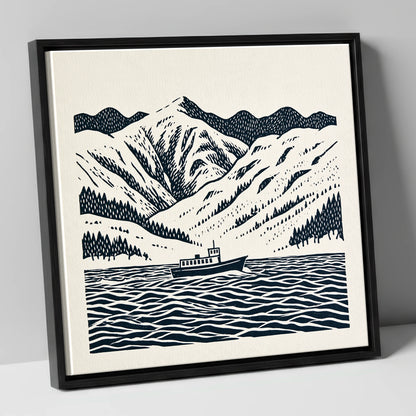 Ullswater Steamer in Deep Navy lake district lake canvas wall art in black frame