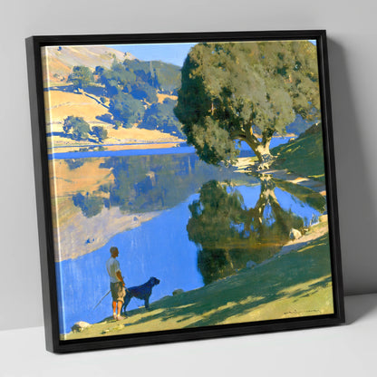 Sunlit Rydal Water Dog Walk gifts for dog walkers canvas wall art in black frame