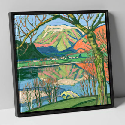 Vibrant Fells above Pooley Bridge lake district village canvas wall art in black frame