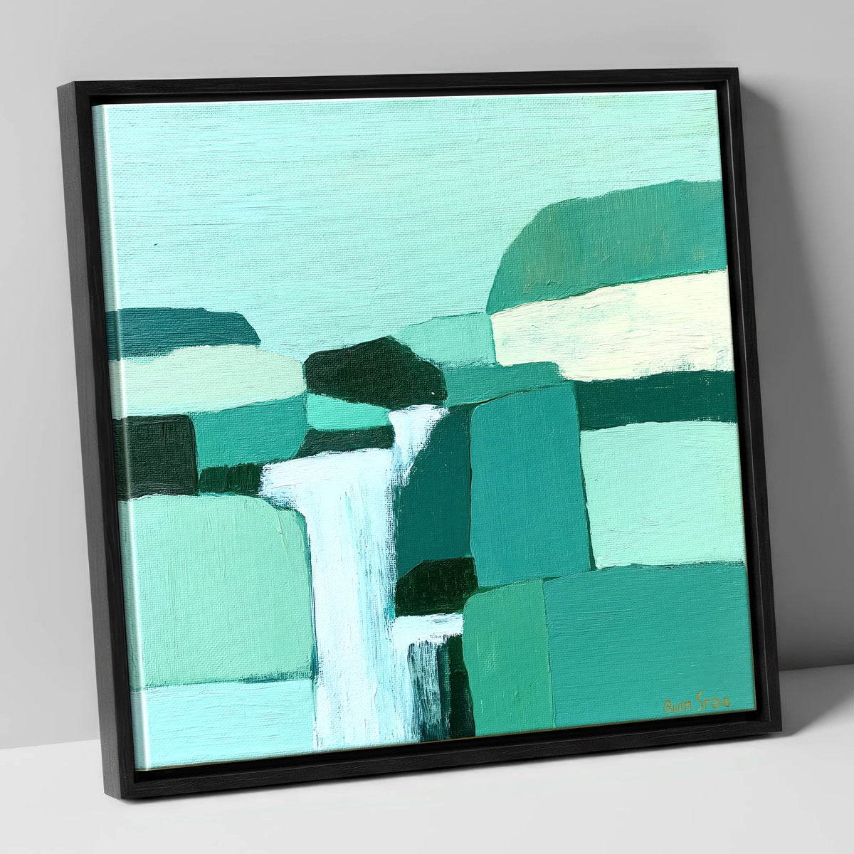 Abstract Teal Waterfall Over Rocks lake district waterfall canvas wall art in black frame
