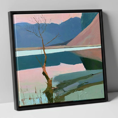 Buttermere Lone Tree in Pink lake district lake canvas wall art in black frame